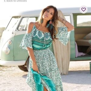 Boho Teal Cold Shoulder Maxi Dress